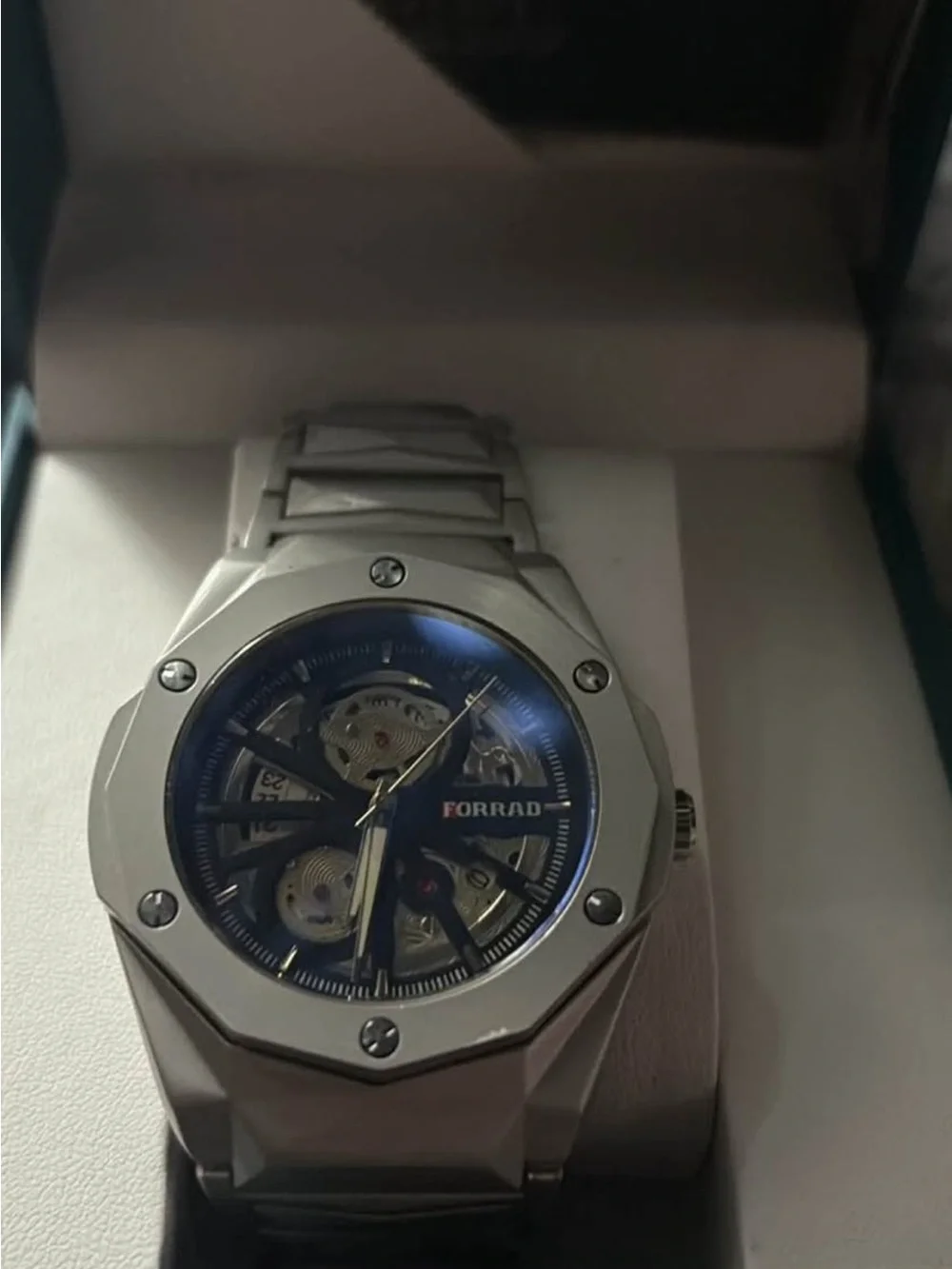 FORRAD Silver Stainless Skeleton Watch with Blue Dial
